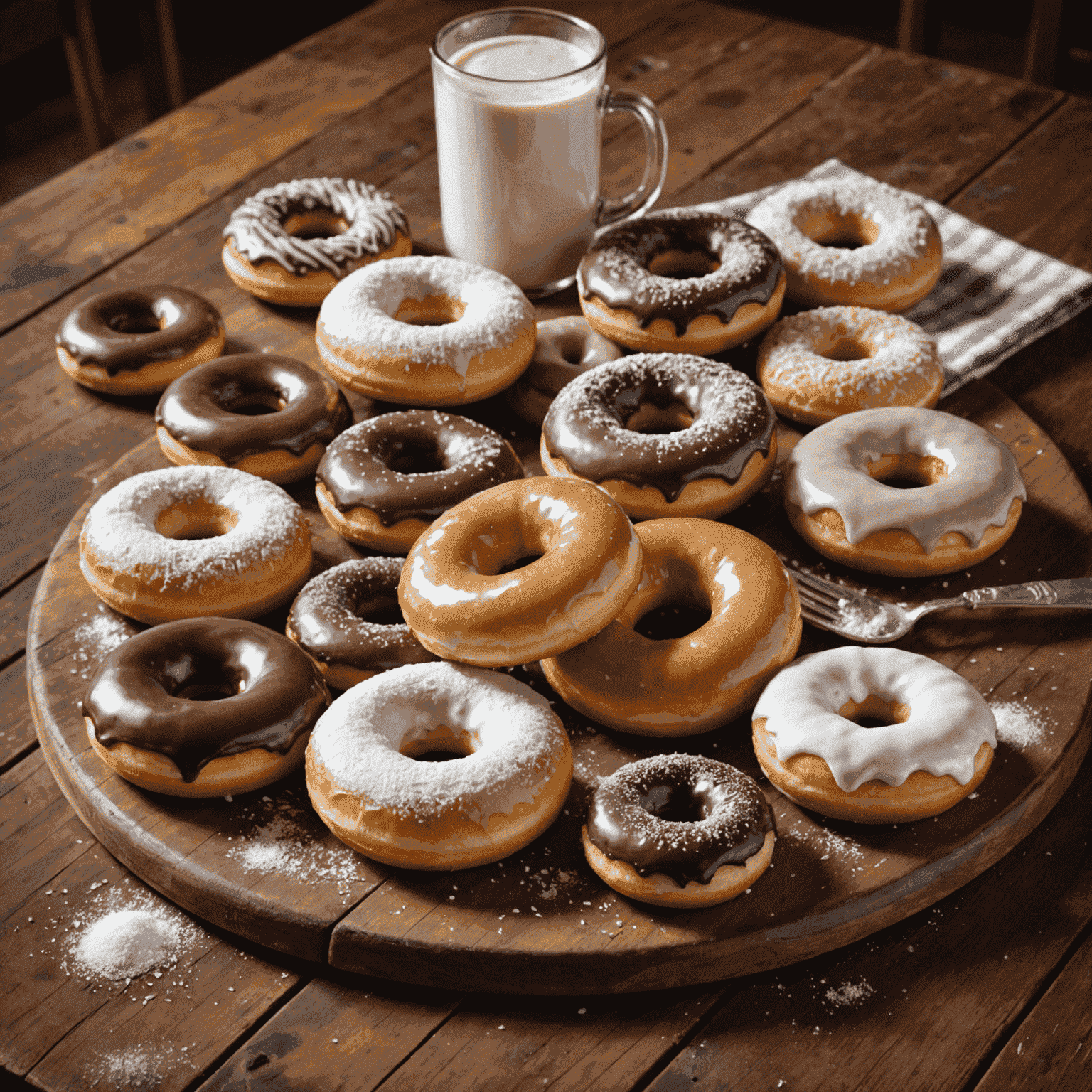 A variety of classic American doughnuts arranged on a rustic wooden table. The doughnuts include glazed, chocolate frosted, and powdered sugar varieties. In the background, you can see a vintage American diner setting.