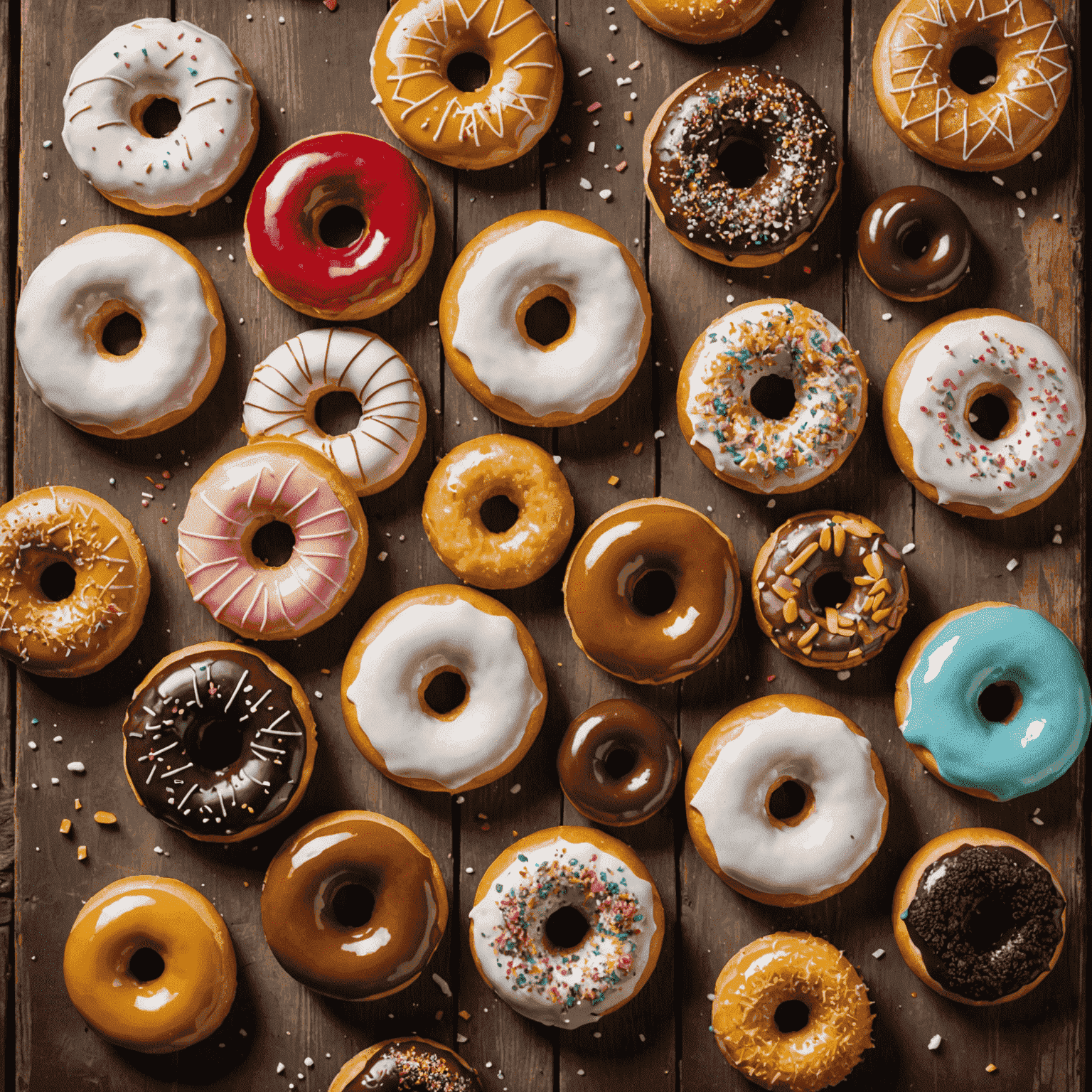 A variety of classic American doughnuts arranged on a rustic wooden table, showcasing different glazes, toppings, and shapes. The image captures the essence of traditional recipes with a modern twist.