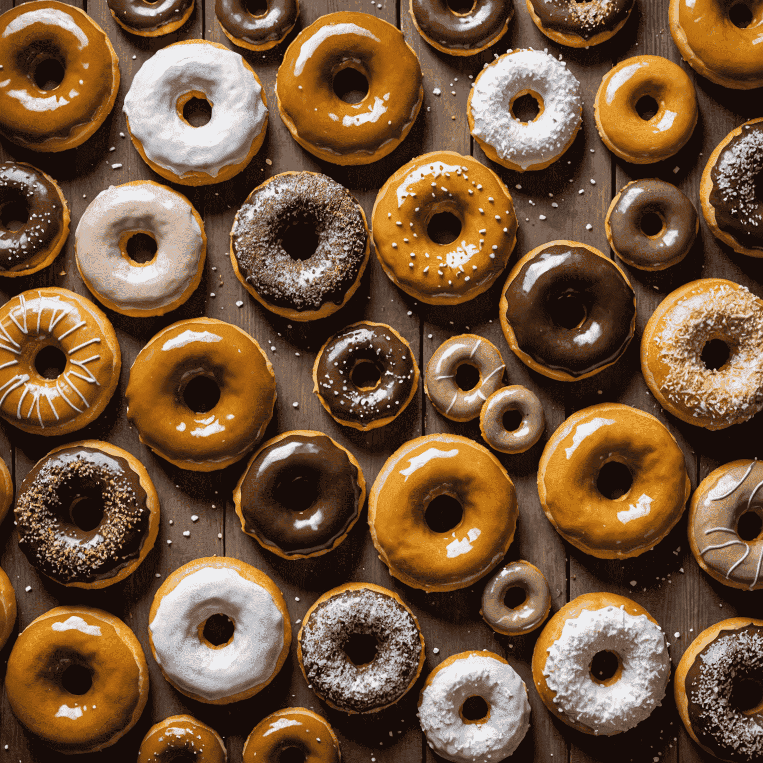 A variety of classic American doughnuts arranged on a rustic wooden table. Glazed, chocolate-frosted, and powdered sugar doughnuts are prominently displayed, showcasing their golden-brown perfection and enticing toppings.