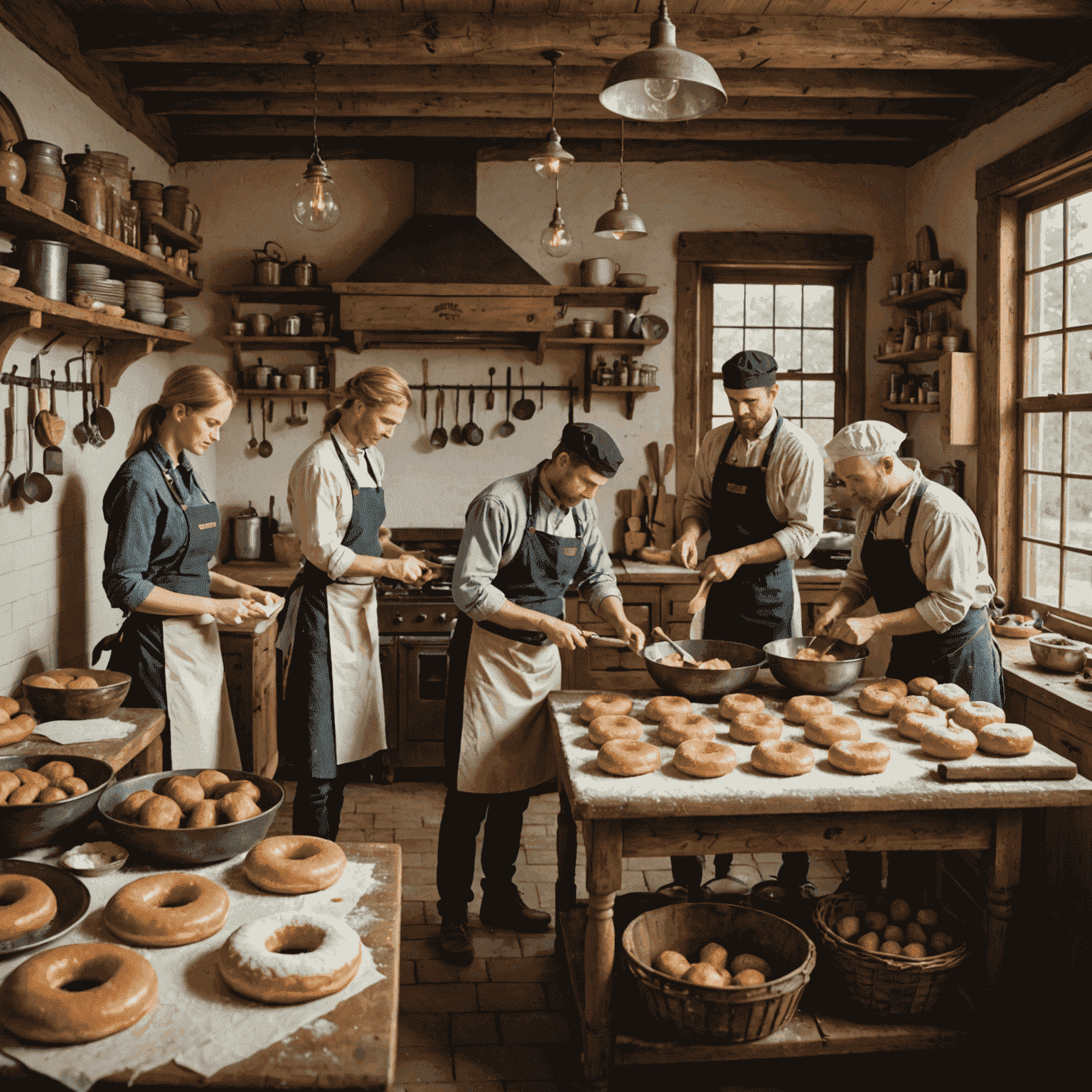 A rustic kitchen with bakers preparing traditional American doughnuts, showcasing the process from mixing ingredients to frying and glazing