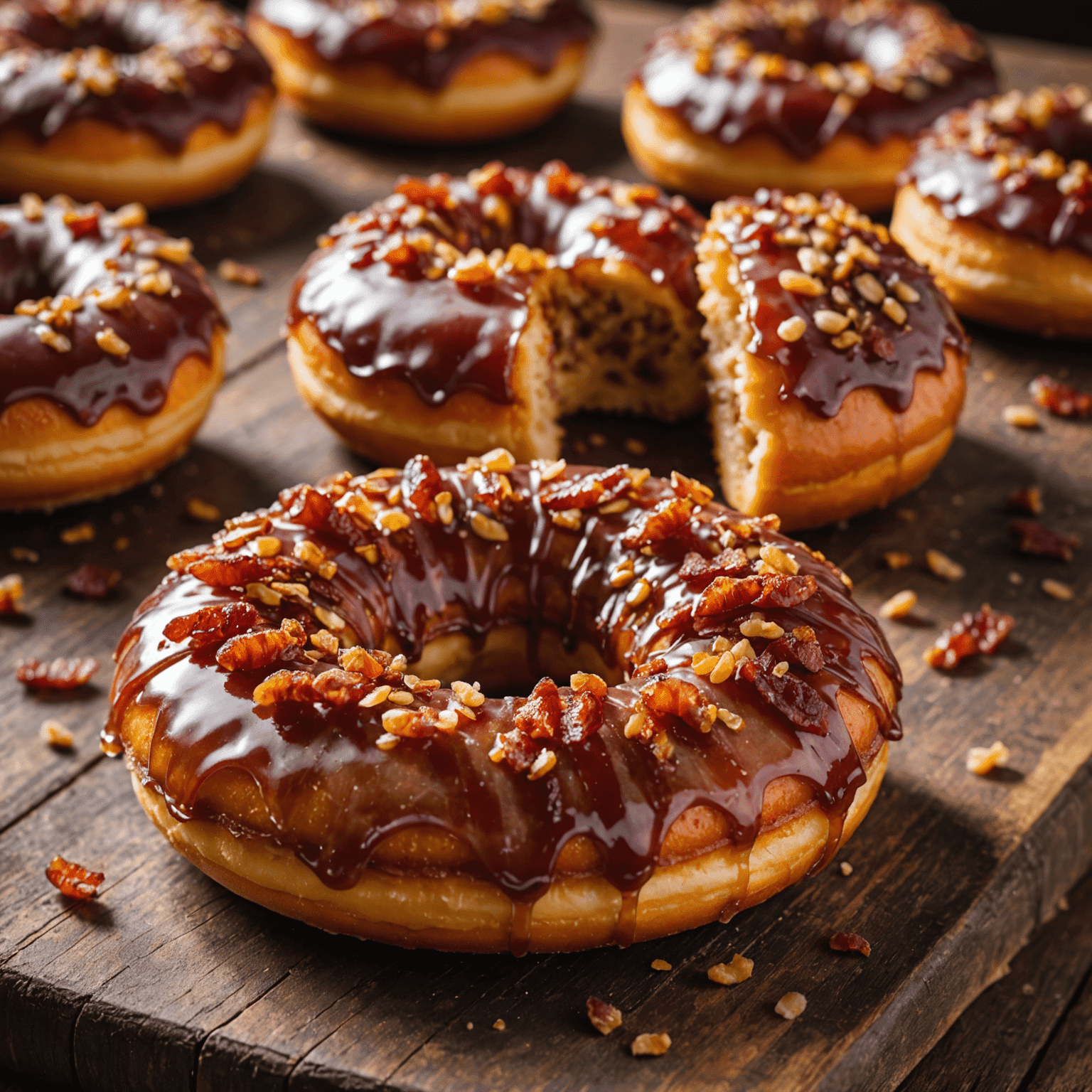 A close-up shot of this month's featured doughnut: a rustic maple bacon doughnut with a golden-brown base, drizzled with rich maple glaze and topped with crispy bacon bits. The doughnut is placed on a weathered wooden board, emphasizing its artisanal quality.