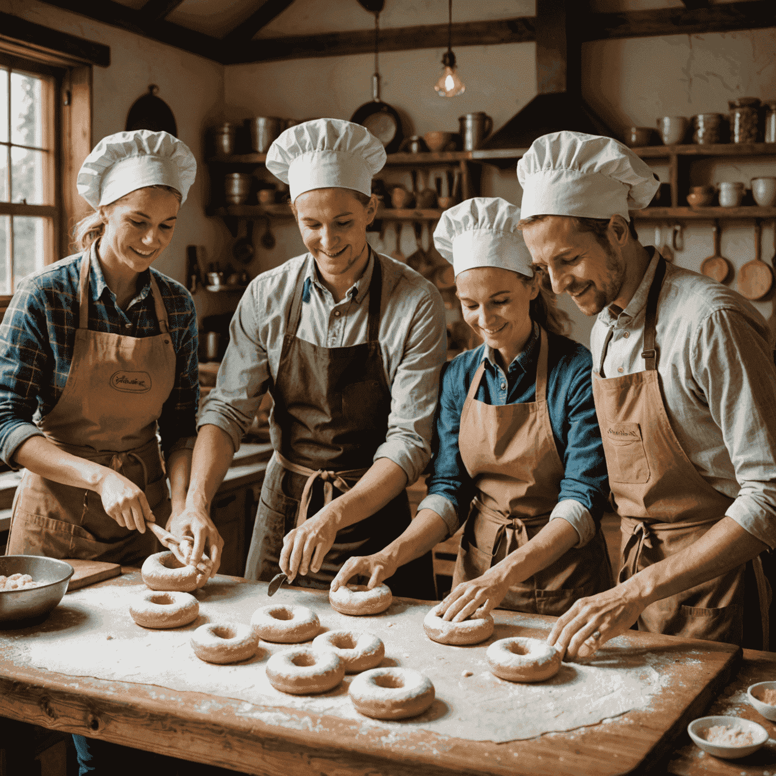 A group of people in aprons learning to make doughnuts in a rustic kitchen setting. They are rolling out dough and shaping it into rings.