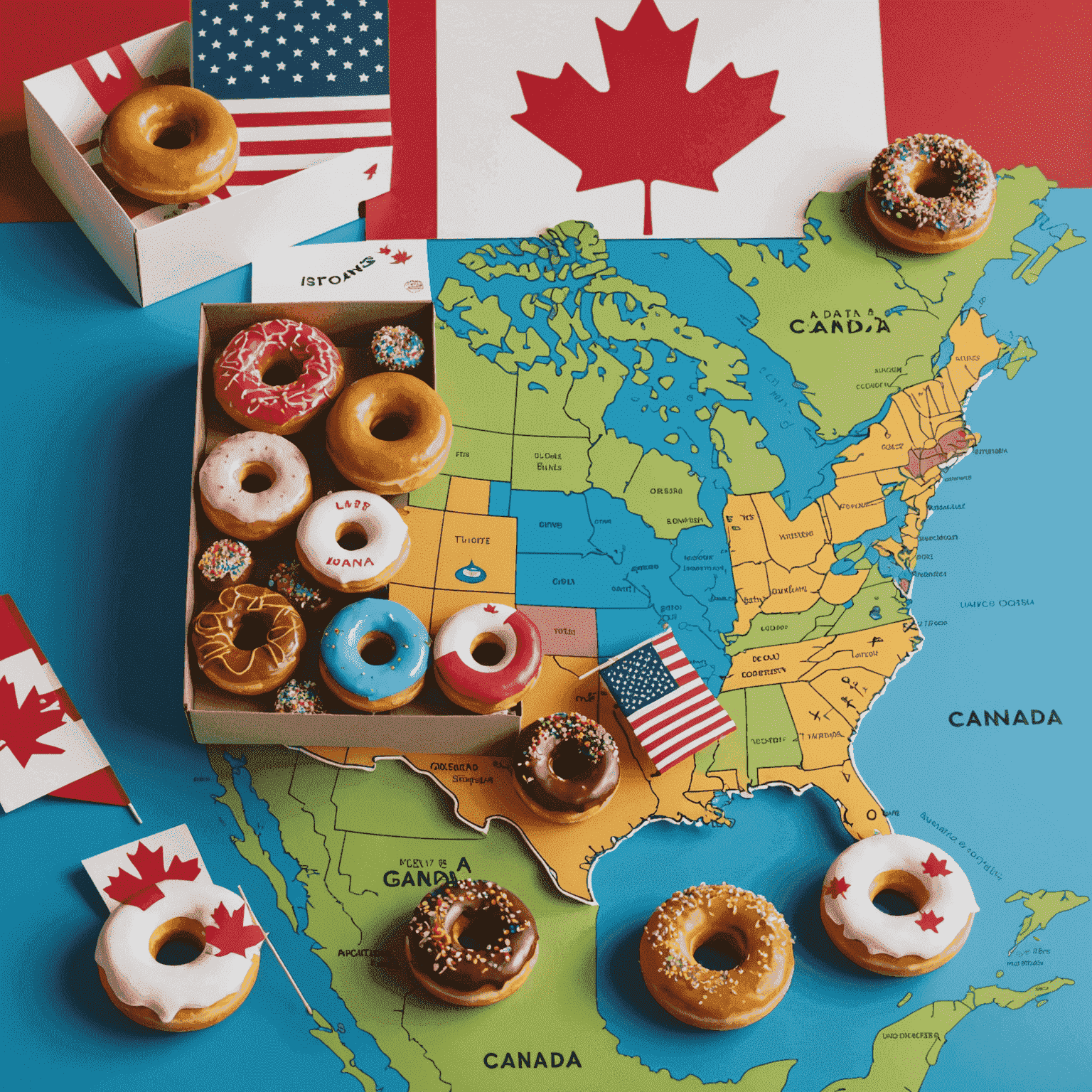 A map showing the journey from the United States to Canada, with doughnut icons marking key locations. In the foreground, a box of assorted doughnuts with a Canadian flag toothpick.