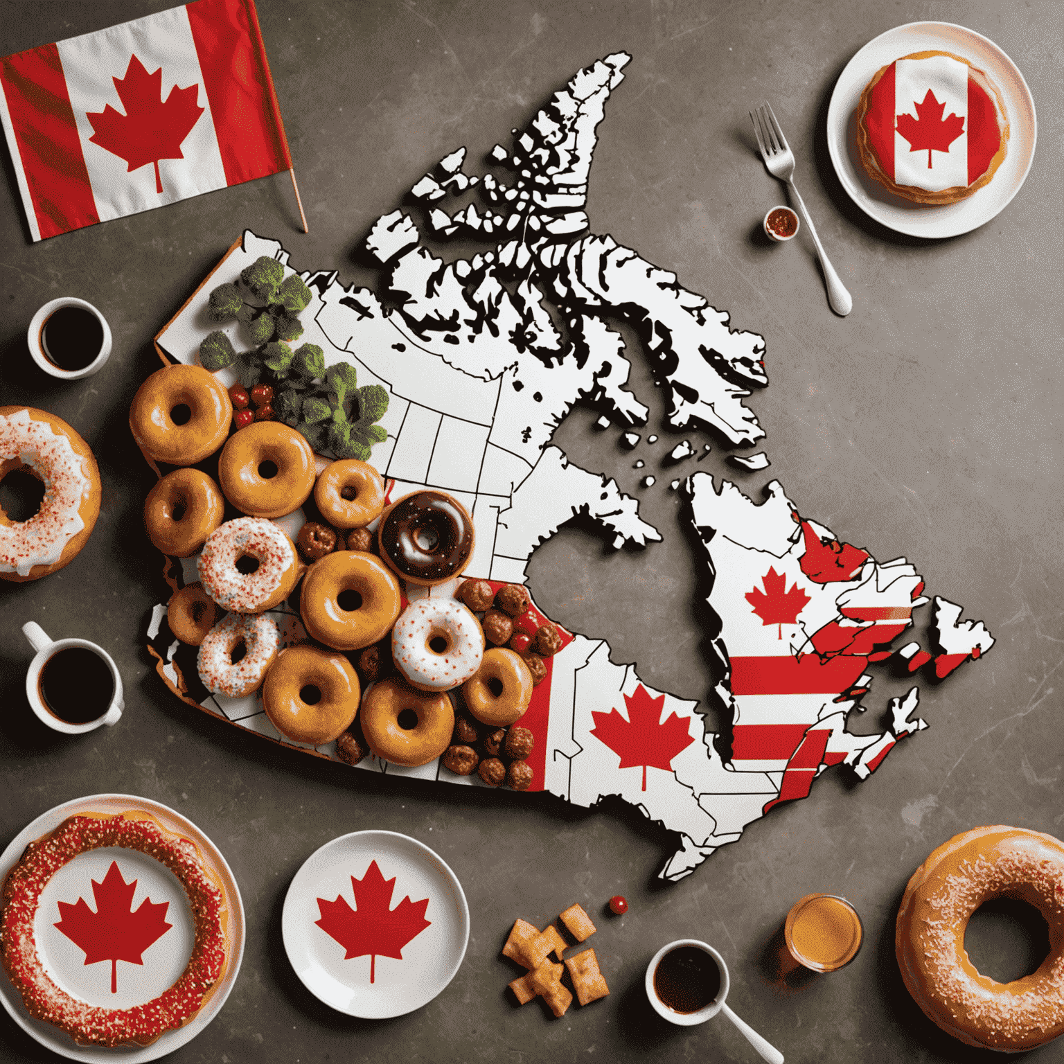 A map of Canada with doughnut icons marking the journey from traditional American recipes to Canadian plates. The image shows a mix of Canadian and American flags, emphasizing the cross-border culinary exchange.