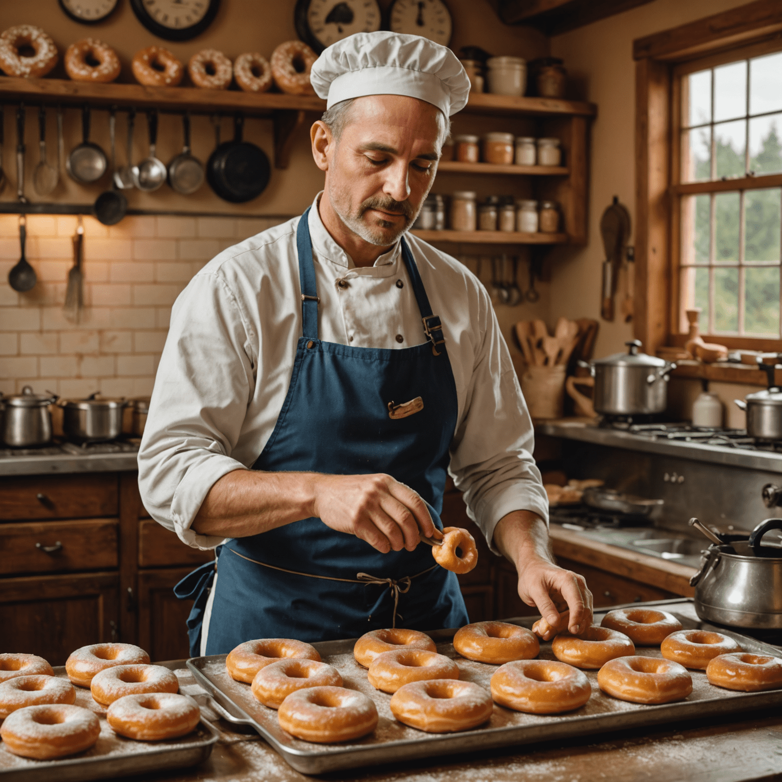 A baker in a traditional apron carefully glazing freshly made doughnuts. The kitchen background shows vintage baking equipment and a warm, inviting atmosphere, emphasizing the handcrafted nature of Westolse's doughnuts.