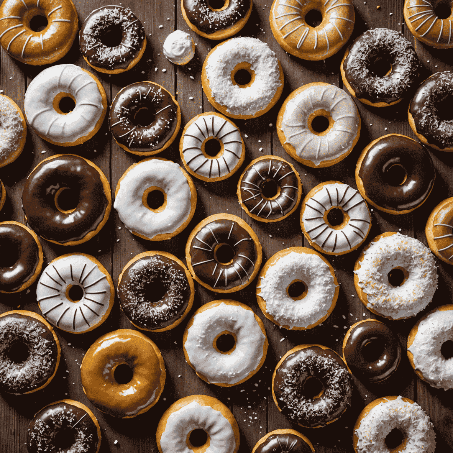 A variety of classic American doughnuts displayed on a rustic wooden table, showcasing glazed, chocolate, and powdered sugar varieties