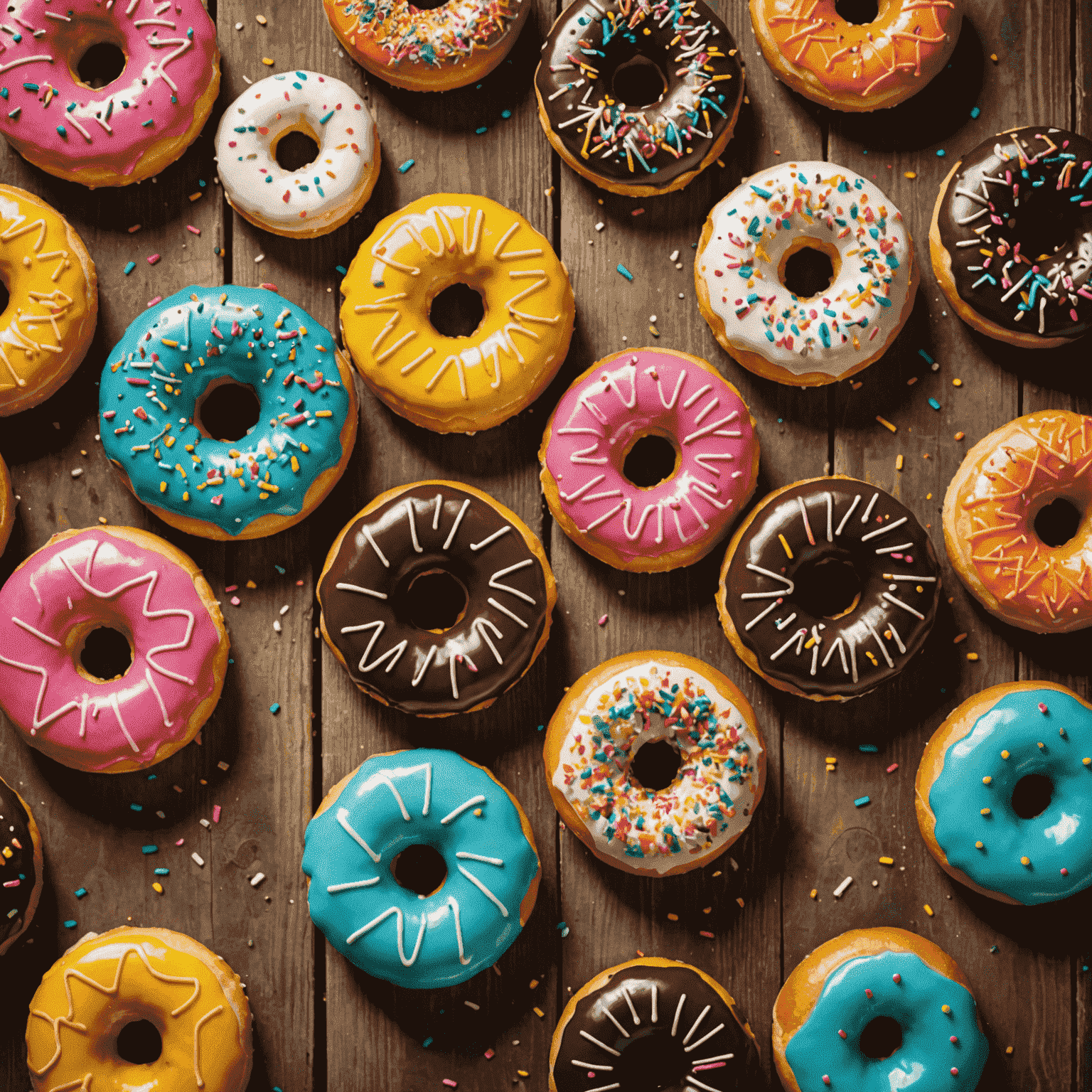 A close-up of various colorful and decorated doughnuts on a rustic wooden table, showcasing the end results of the class.