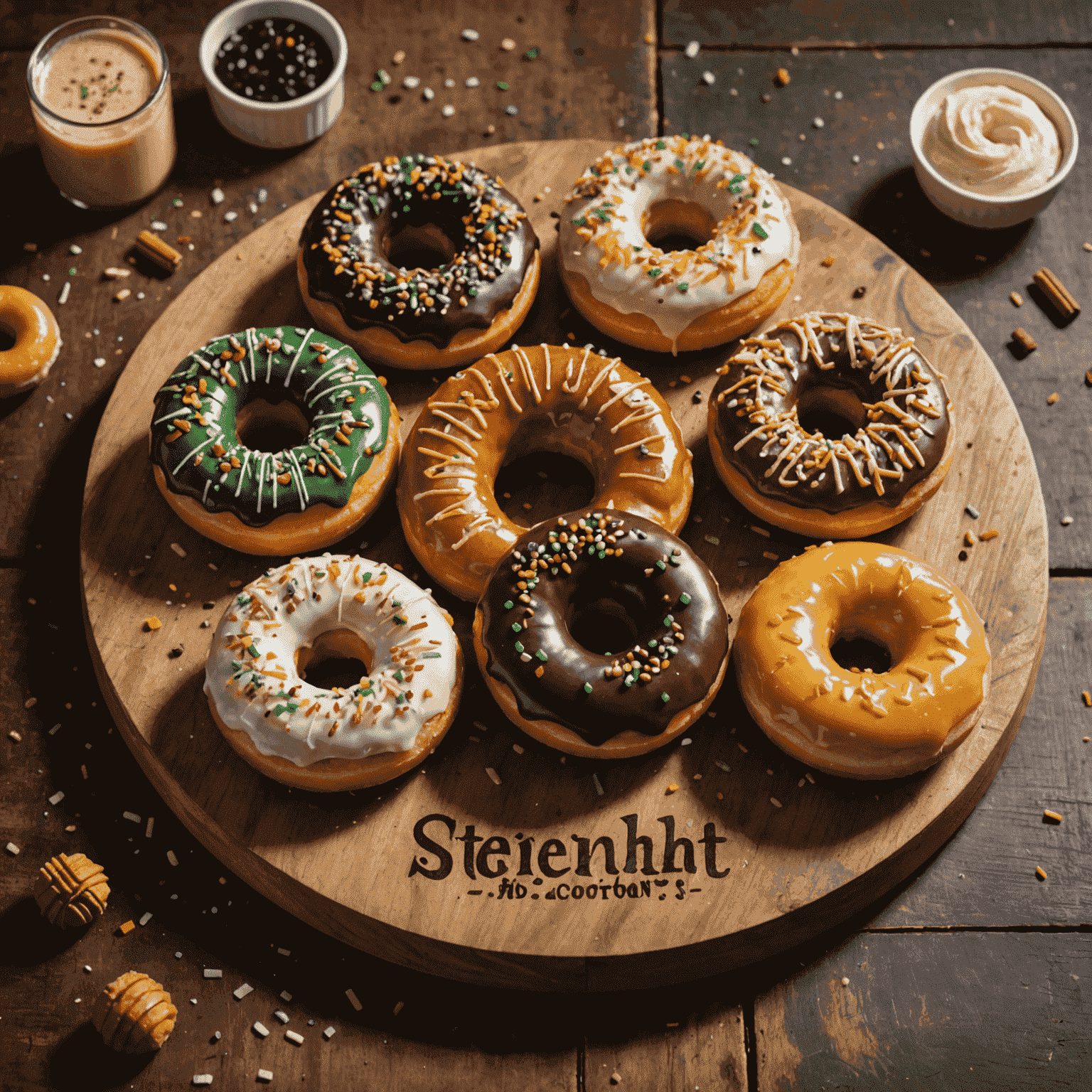 A close-up of a unique, artisanal doughnut with creative toppings and fillings. The doughnut is placed on a rustic wooden board with the month's name stenciled in the background.