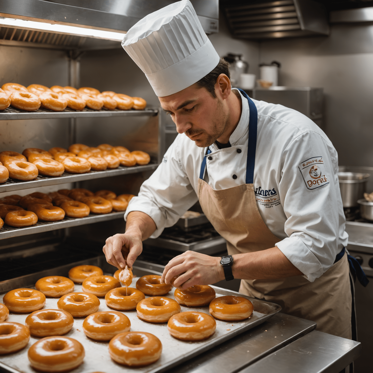 A baker carefully glazing freshly fried doughnuts, showcasing the meticulous attention to detail in our process