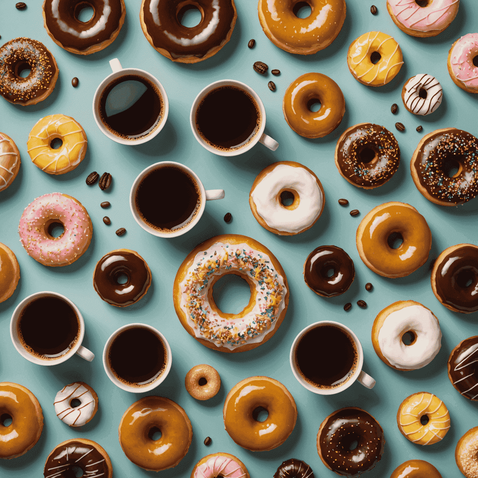 A stylish flat lay of various doughnuts paired with different beverages, including coffee, tea, and unexpected drinks like craft beer or cocktails. The image showcases the art of pairing flavors.