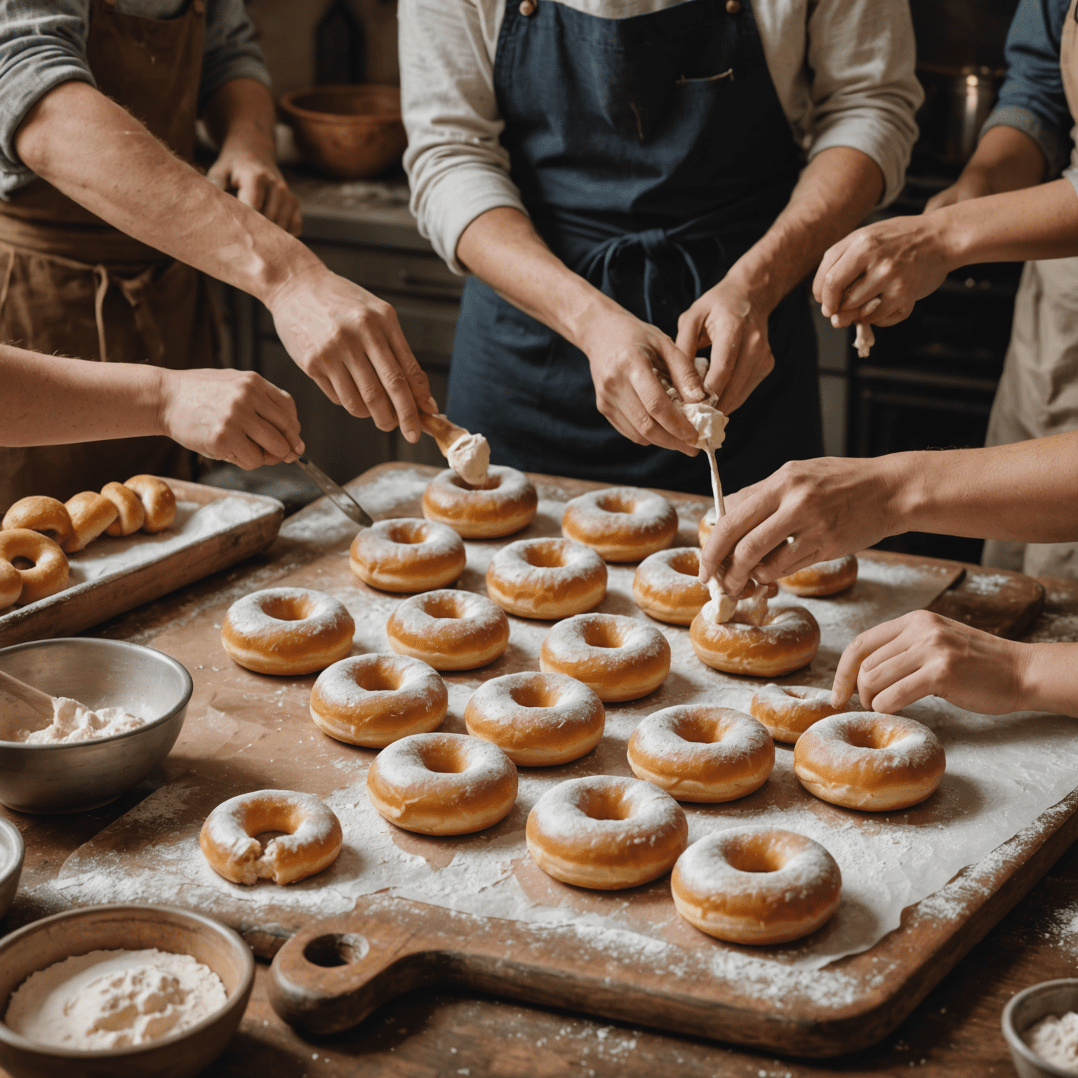 A group of people in a rustic kitchen setting, learning to make doughnuts. The image shows hands kneading dough, piping fillings, and decorating freshly made doughnuts.